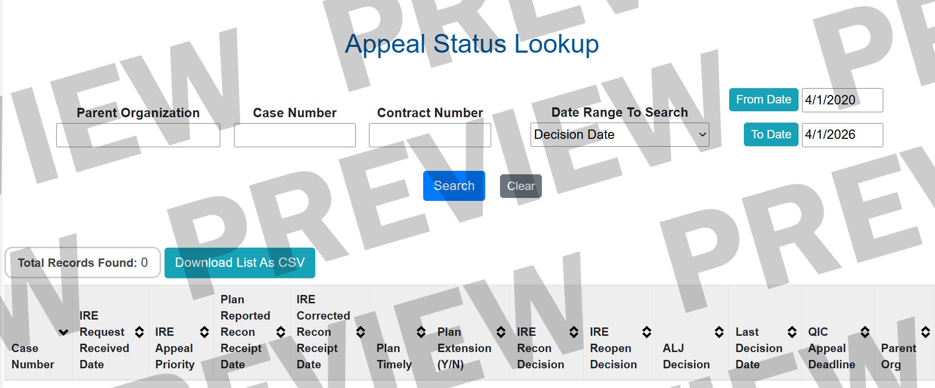 Preview of Part C Appeals Search feature